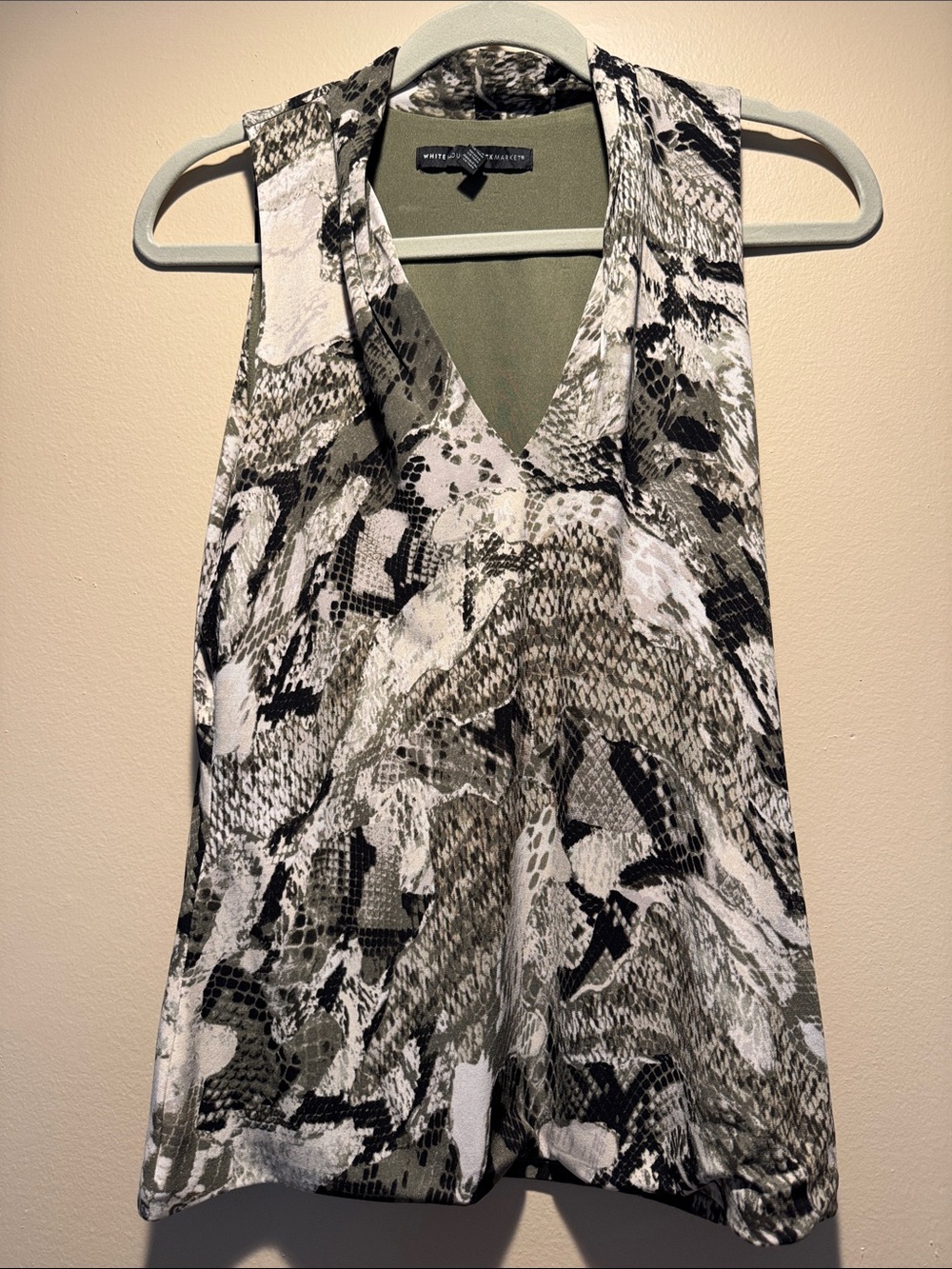 White House Black Market Olive, Black & White V-Neck Snake Print Camisole